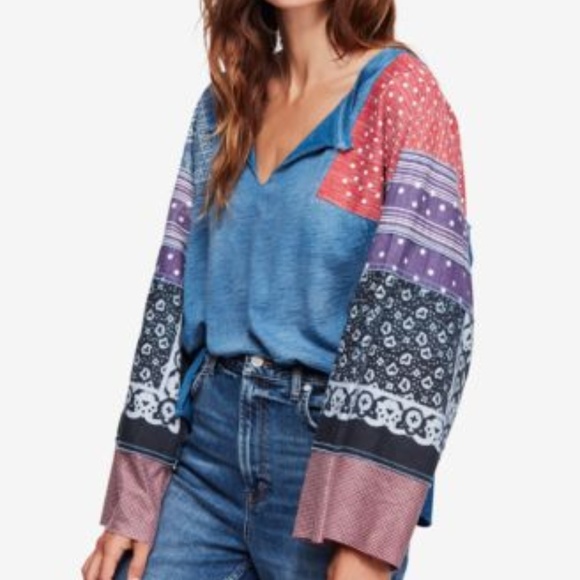 NWT! Free People Cotton Shibuya Printed Top Navy - Picture 4 of 6